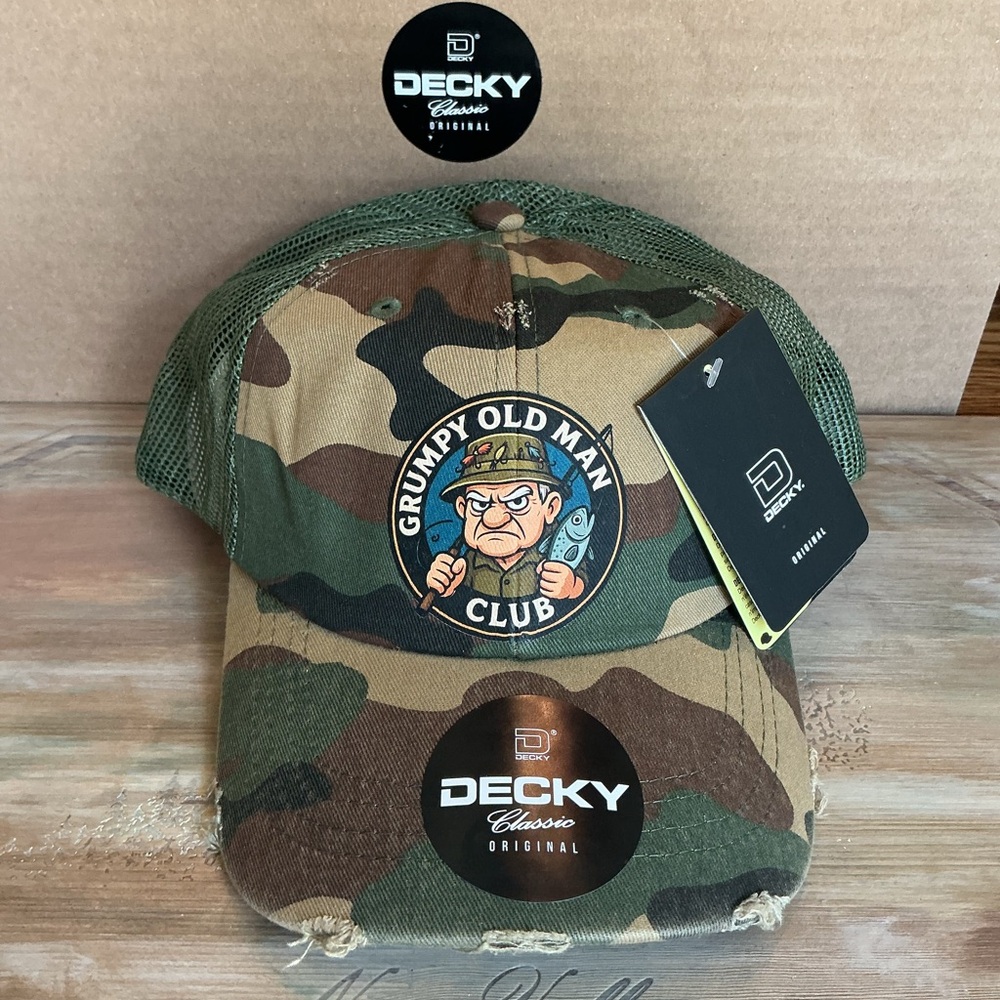 Fishing Hat - Grumpy Old Man Club w/Trout Fisherman distressed Camo Hat - Decky
